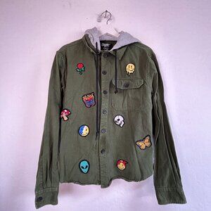 Eighty Eight Brand Women Green Patches Button-Up Hoodie Jacket Small Lightweight